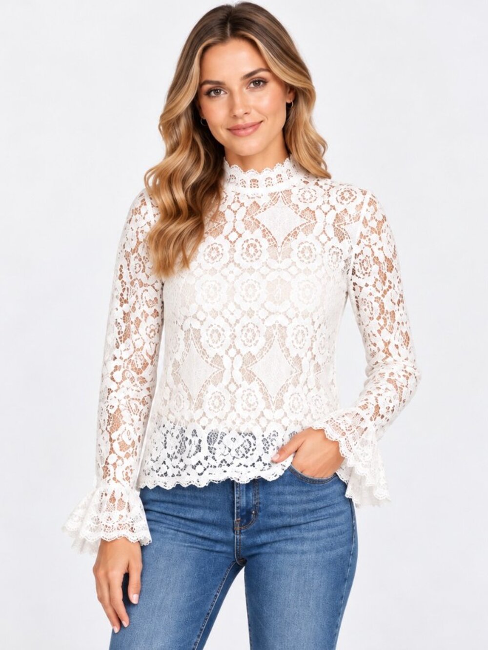 White Lace Mock-Neck Blouse
